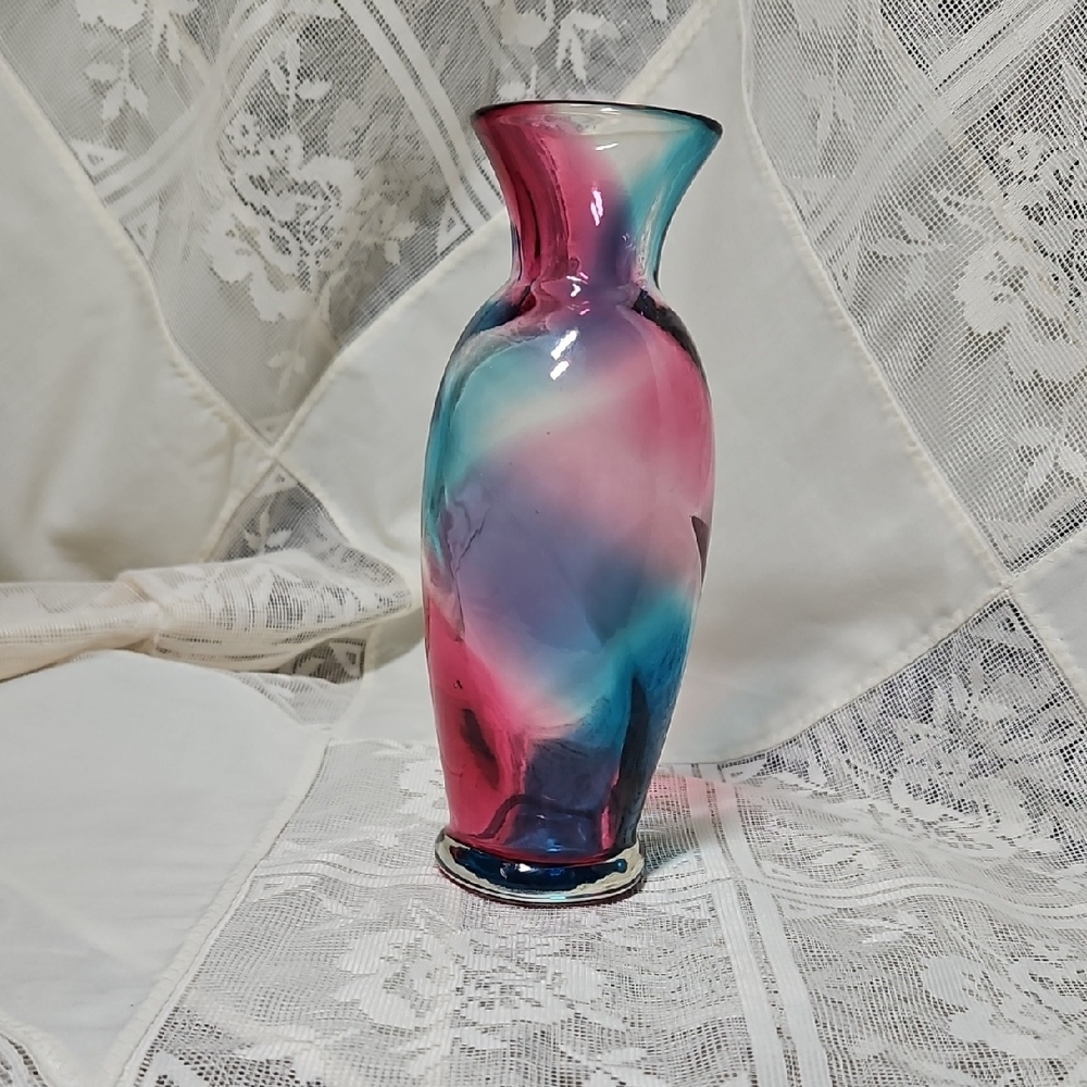Lefton Blue and Pink swirl Glass Vase